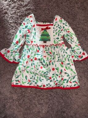 Girls White Christmas Tree Print Holiday Dress with Red Trim